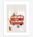 LONDON - Børneplakat - London-bus og dyr