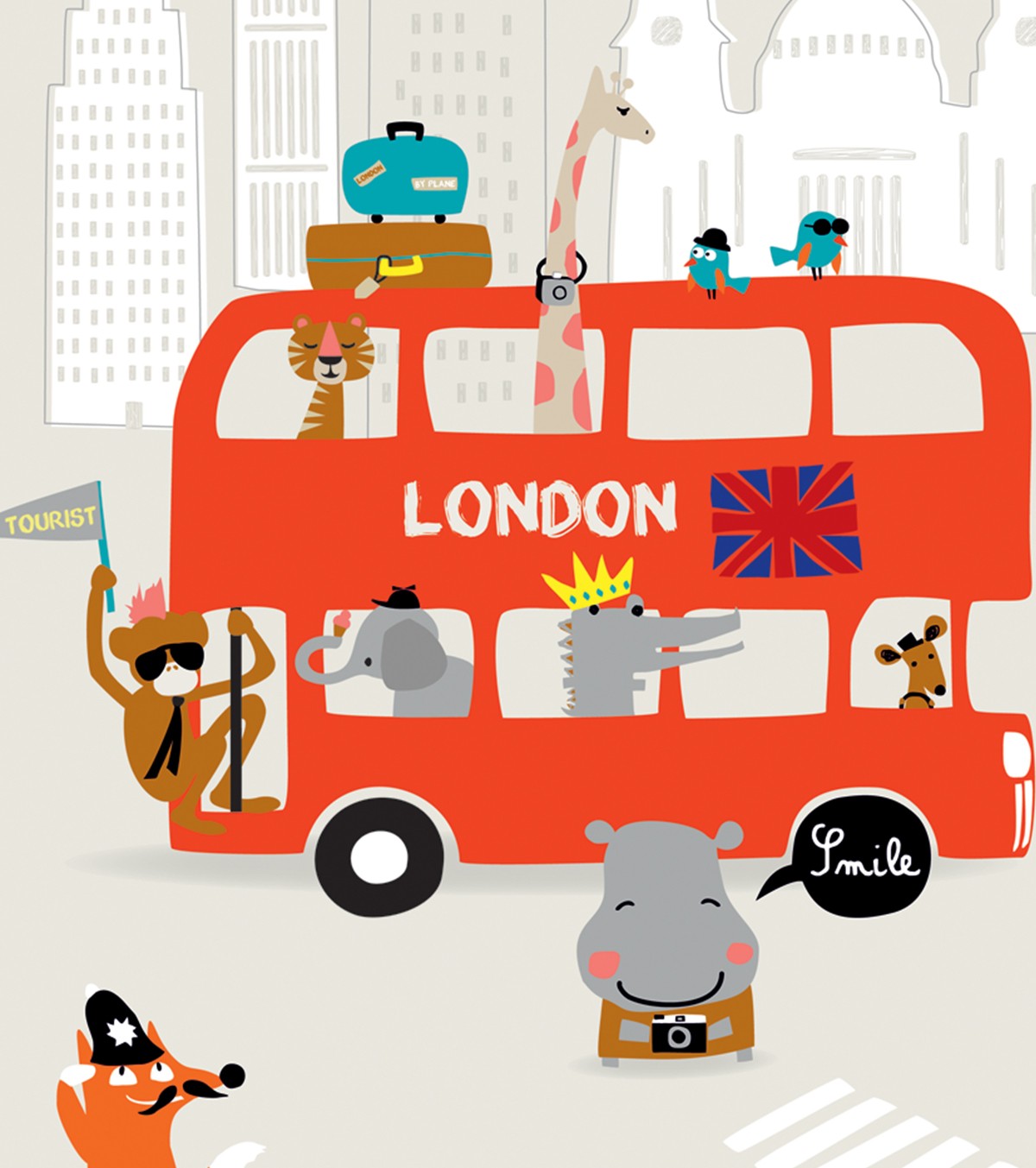 LONDON - Børneplakat - London-bus og dyr
